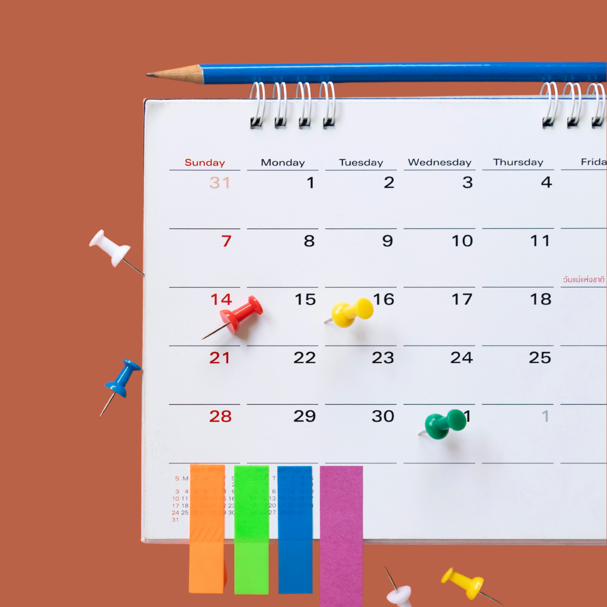 Desk calendar marked with colorful pushpins and sticky tabs