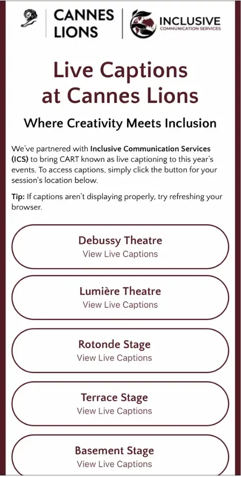 The landing page linked to the QR code, featuring a brief introduction and a list of buttons for each theater or stage hosting workshops.