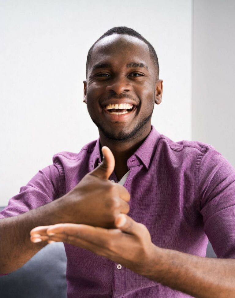 A smiling man in a purple button-down shirt, photographed against a plain light background; one hand is closed with the thumb pointing up, resting on the open palm of his other hand.
