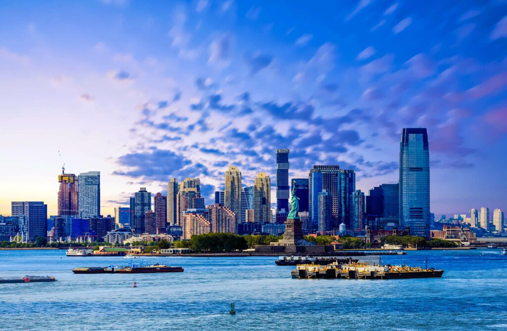 The Jersey City, New Jersey skyline seen across the Hudson River waterfront.