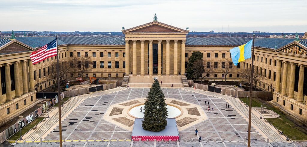 The Philadelphia Museum of Art at the top of its steps, the columned east front seen from the Parkway.