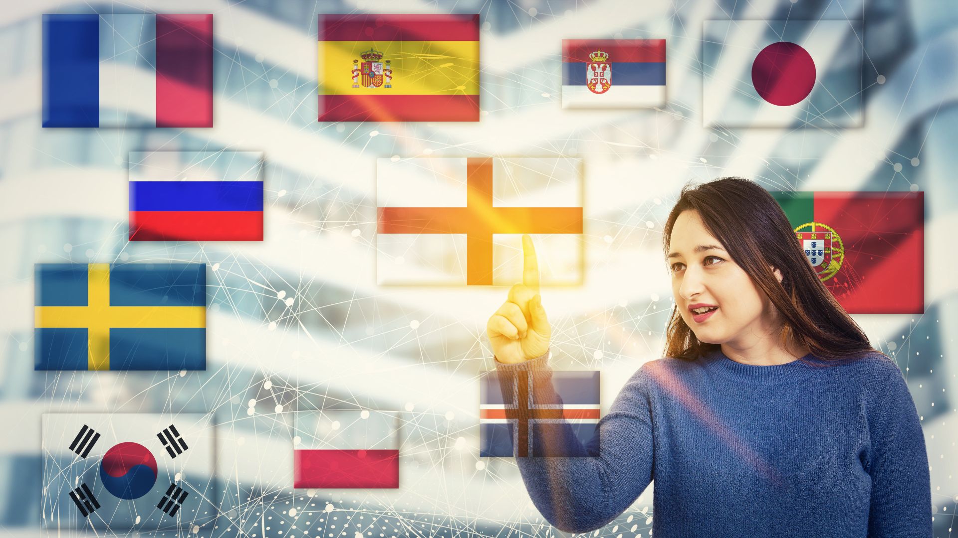 Woman selecting international flags on a multilingual touchscreen interface