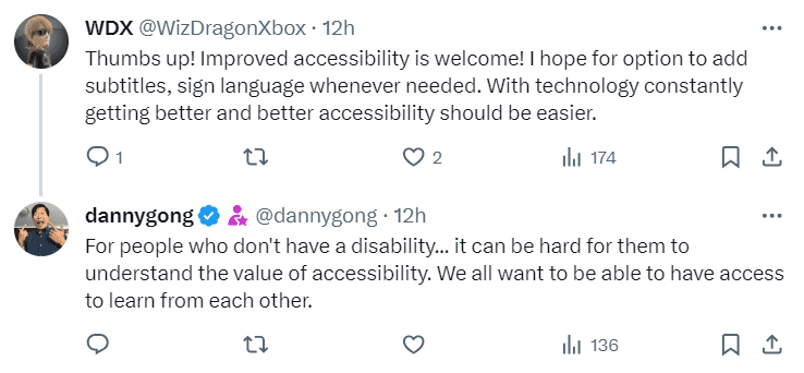 A tweet/X by @WizDragonXbox. The tweet reads: Thumbs up! Improved accessibility is welcome! I hope for the option to add subtitles, sign language whenever needed. WIth technology constantly getting better and better, accessibility should be easier.”