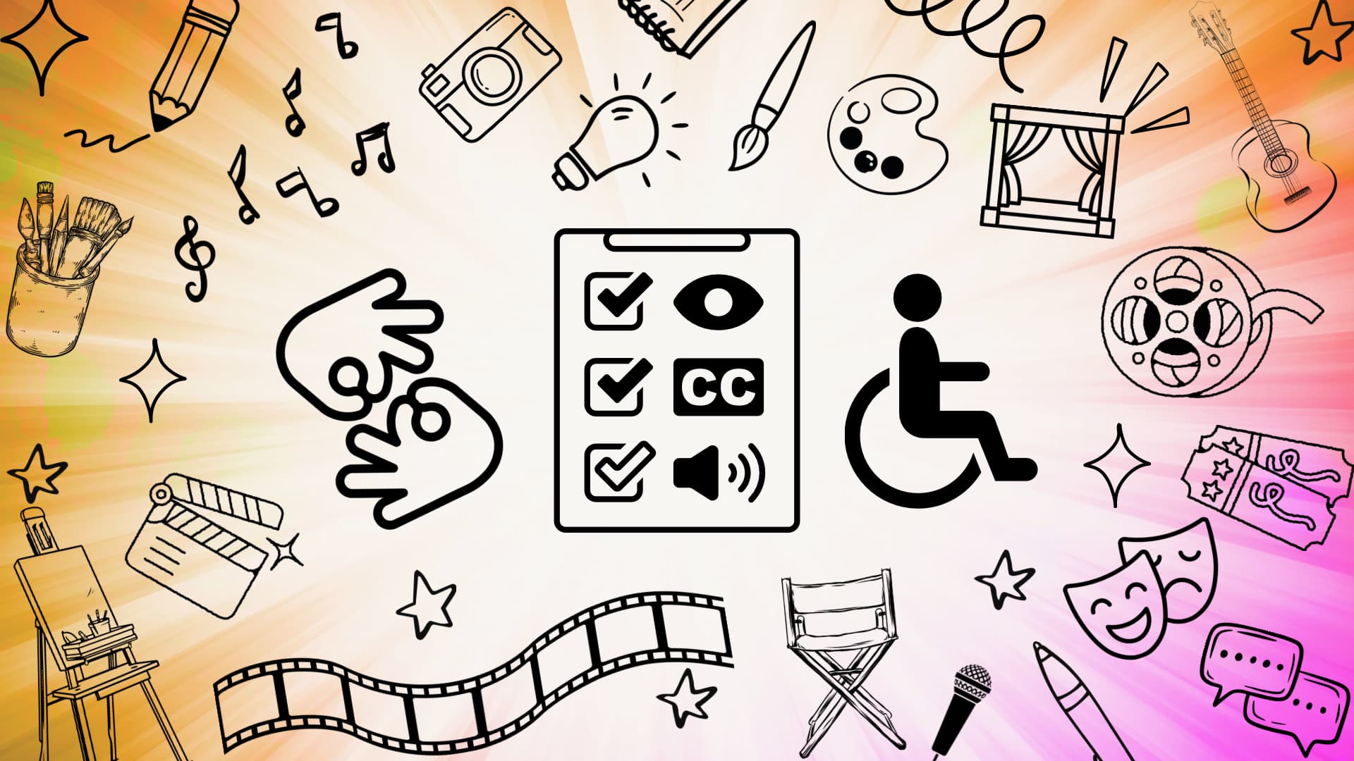 The image features a vibrant gradient background with various symbols that represent accessibility in the center surrounded by a variety of icons symbolizing the different arts.