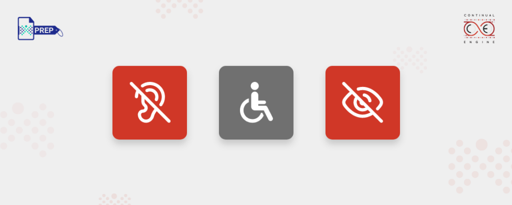 Accessibility icons representing hearing, mobility, and visual impairments on a light background.