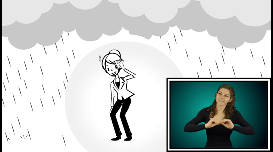 A black and white animated cartoon character experiencing various weather changes is shown in a GIF on the main screen, with an ASL interpreter featured in a picture-in-picture (PIP) inset window.