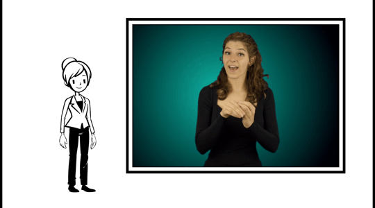 A GIF featuring a black and white animated cartoon character on the main screen, accompanied by an ASL interpreter in a picture-in-picture (PIP) inset window, signing the phrase, "Can add picture in picture PIP.